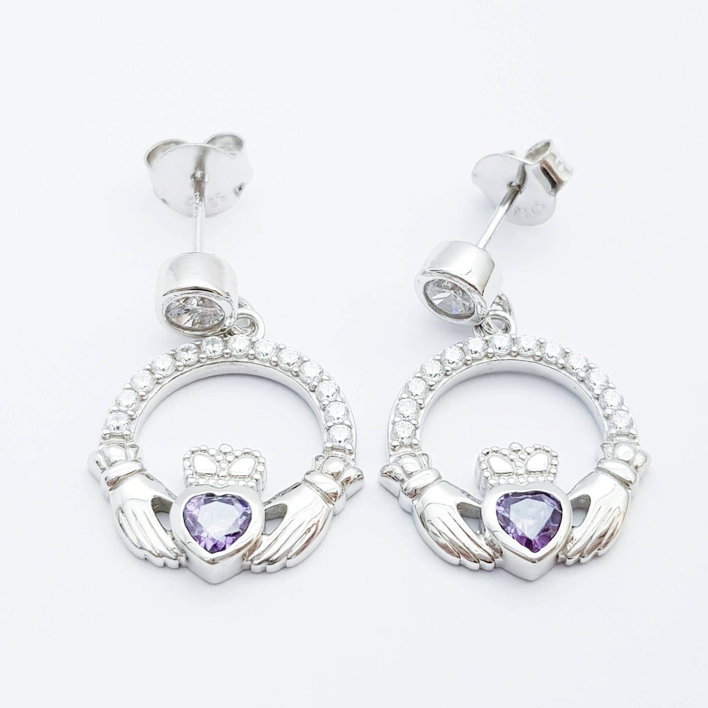 Claddagh drop earrings with purple stone heart, February  birthstone