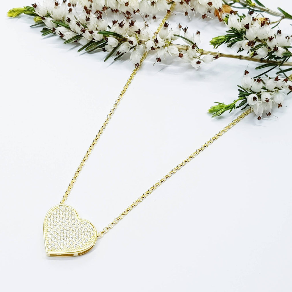 Modern heart necklace with yellow gold vermeil, sparkling faux diamond heart necklace
