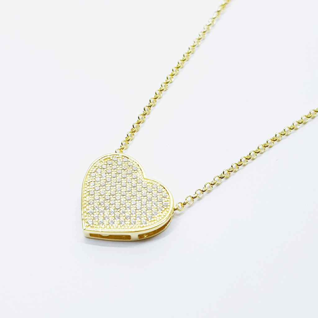 Modern heart necklace with yellow gold vermeil, sparkling faux diamond heart necklace