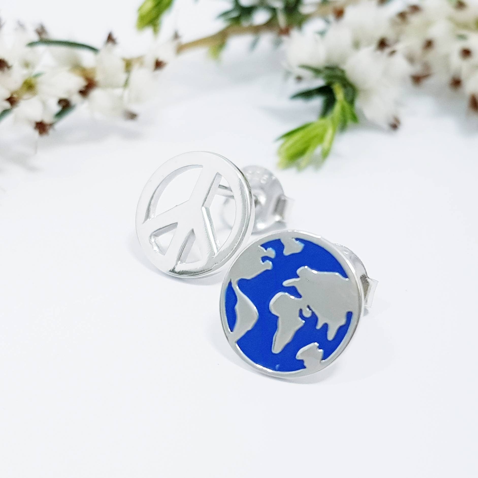 World peace sterling silver stud earrings, wanderlust earrings, globe studs, peace earrings