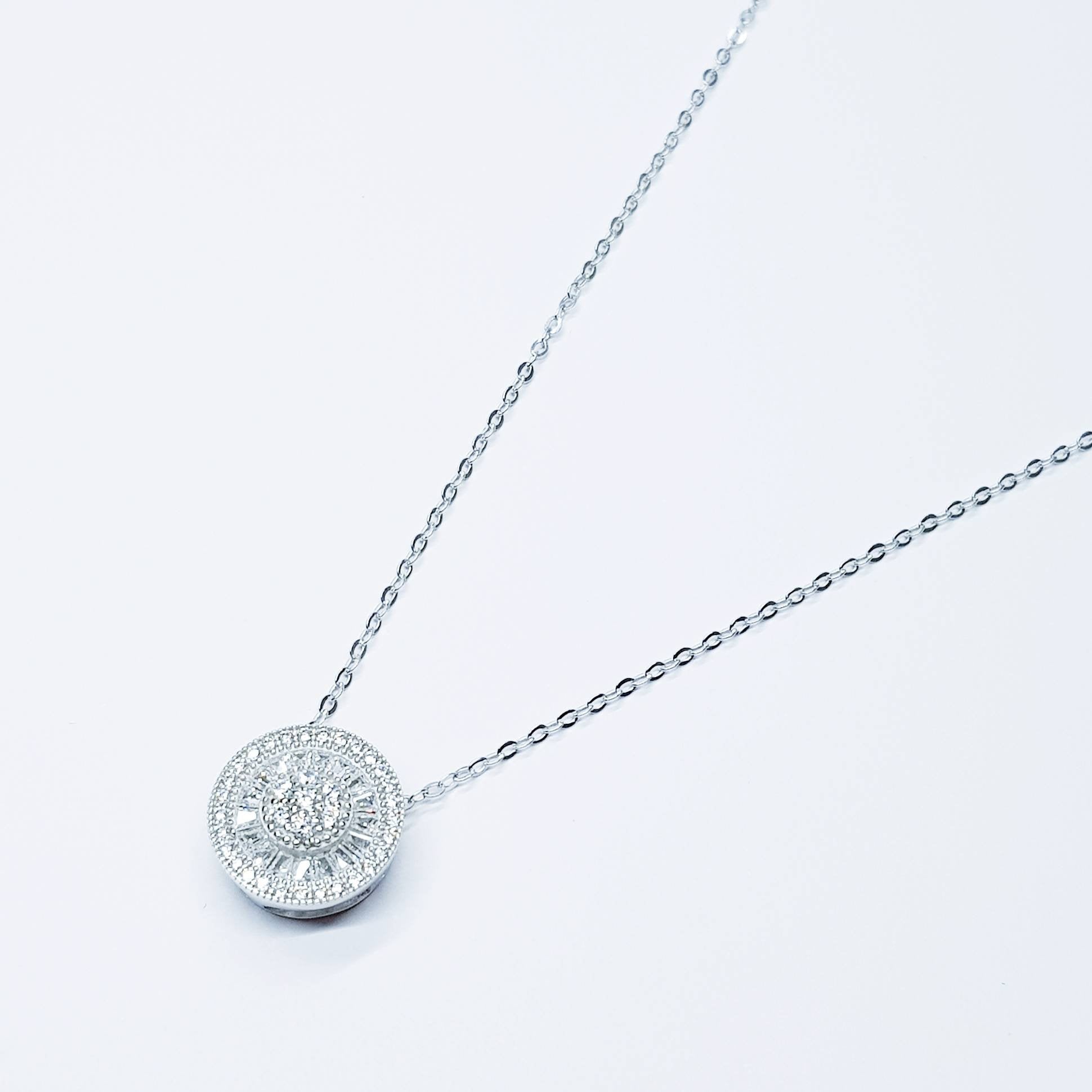 Vintage style round necklace floating on sterling silver chain