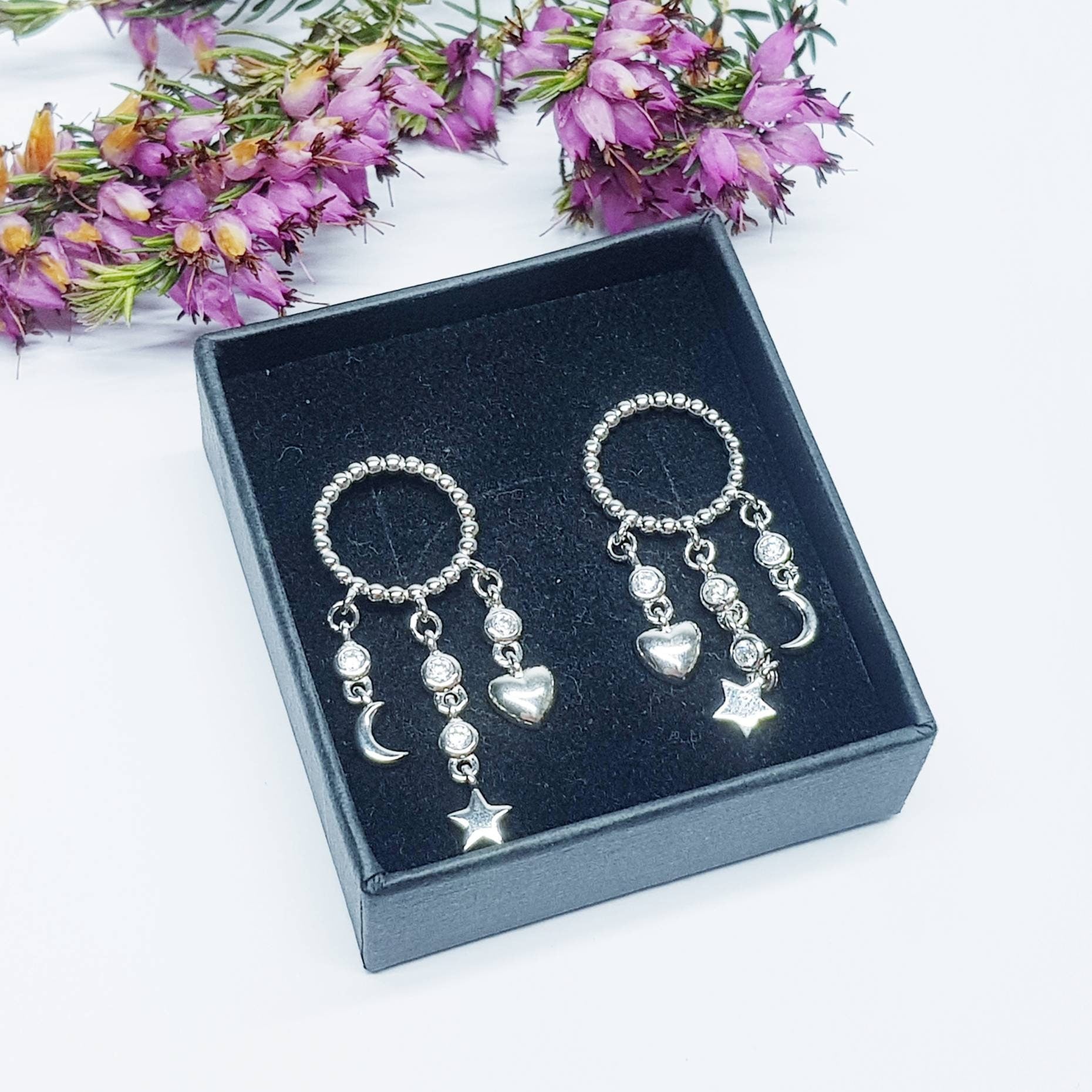 Sterling Silver drop earrings with moon, star and heart charm