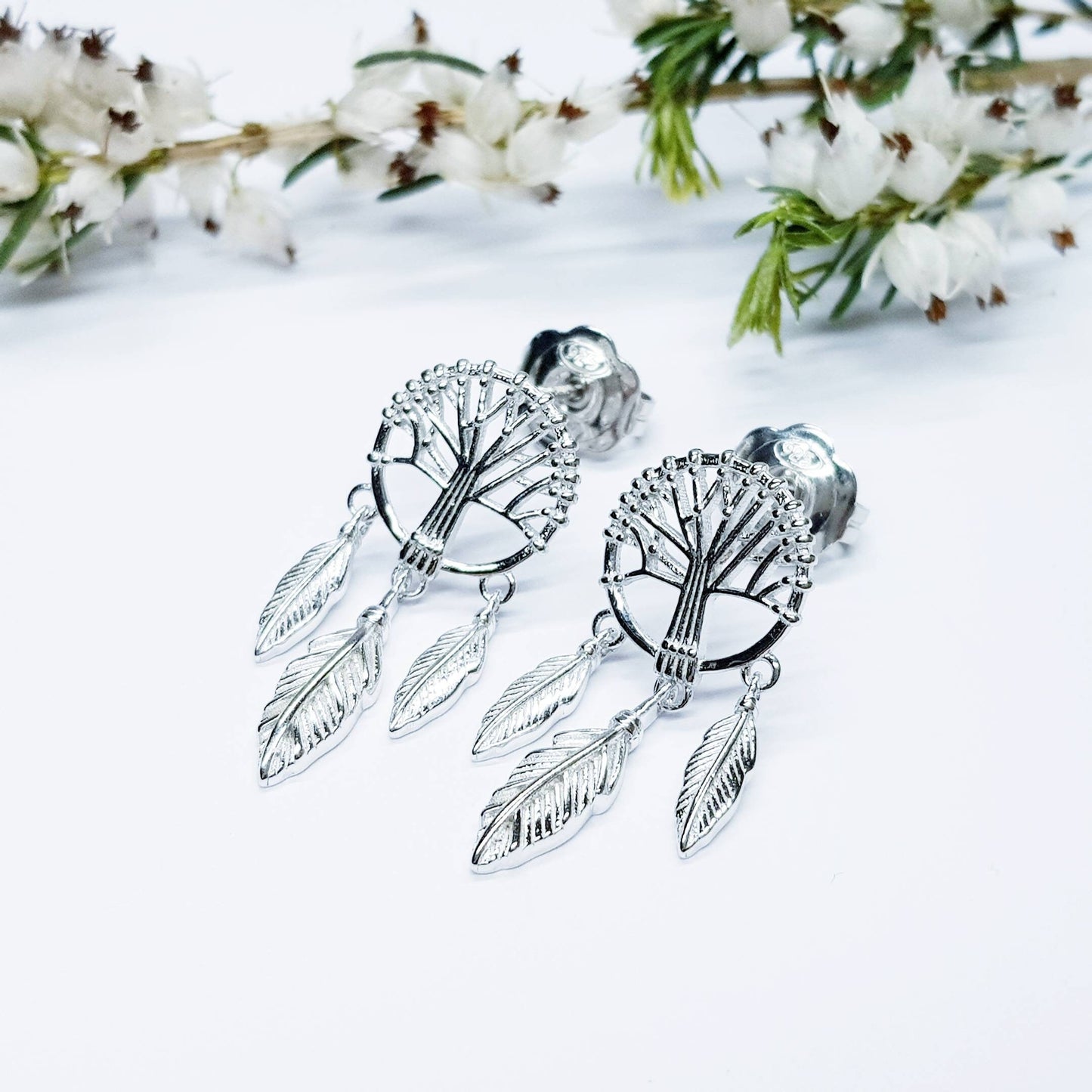 Sterling Silver drop earrings with tree of life and feathers