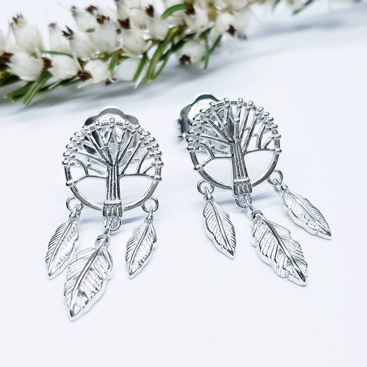 Sterling Silver drop earrings with tree of life and feathers