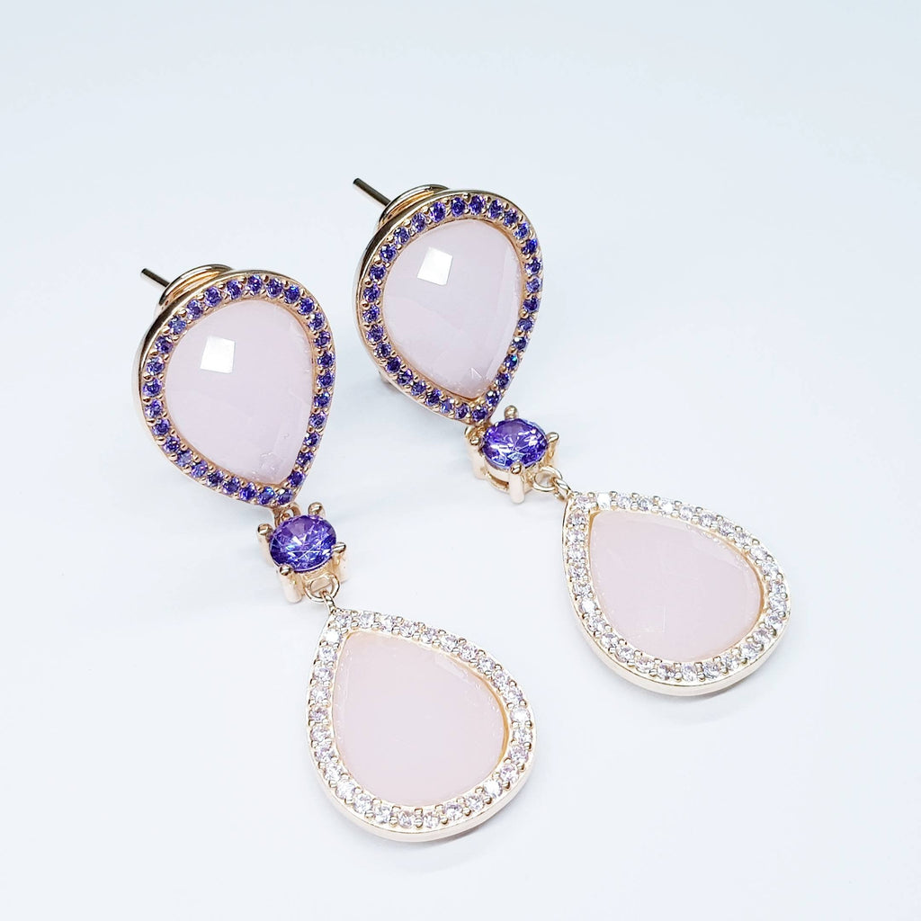 Light pink and lavender teardrop shaped earrings plated in rose gold
