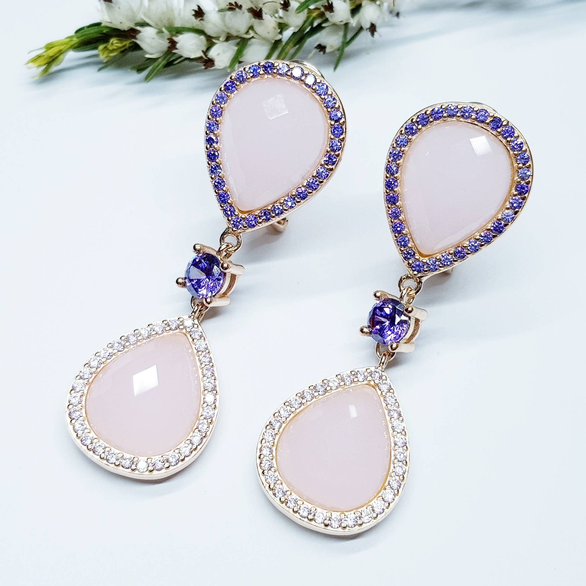 Light pink and lavender teardrop shaped earrings plated in rose gold