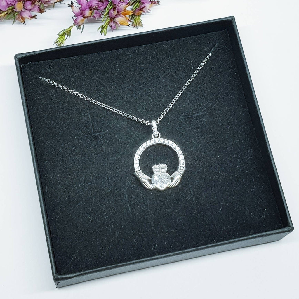 Silver Claddagh pendant, diamond white april birthstone claddagh necklace, Silver Claddagh pendant