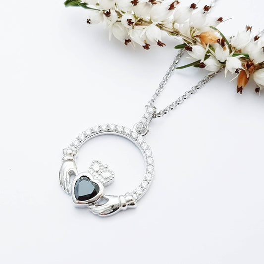 Silver Claddagh pendant, black stone Claddagh necklace  from Ireland