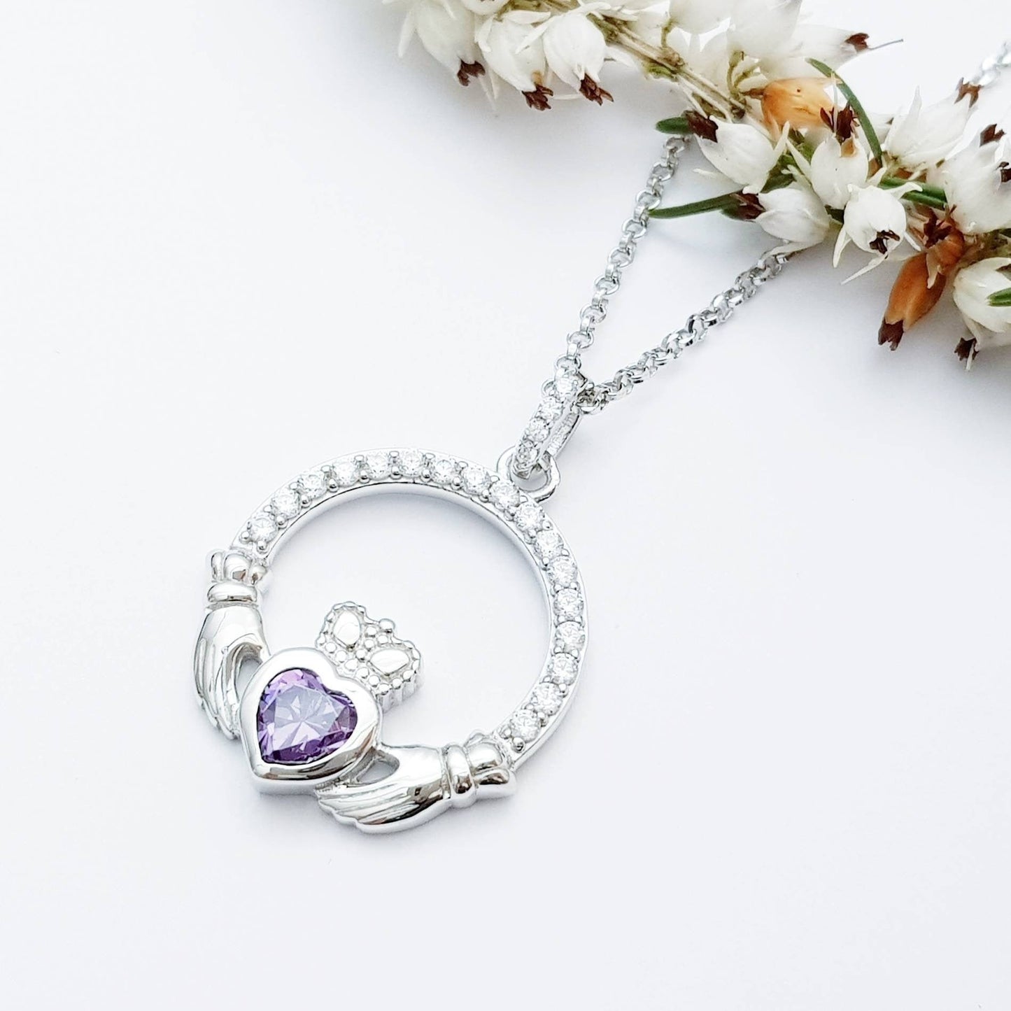 Claddagh necklace with purple February birthstone, Irish claddagh from Galway