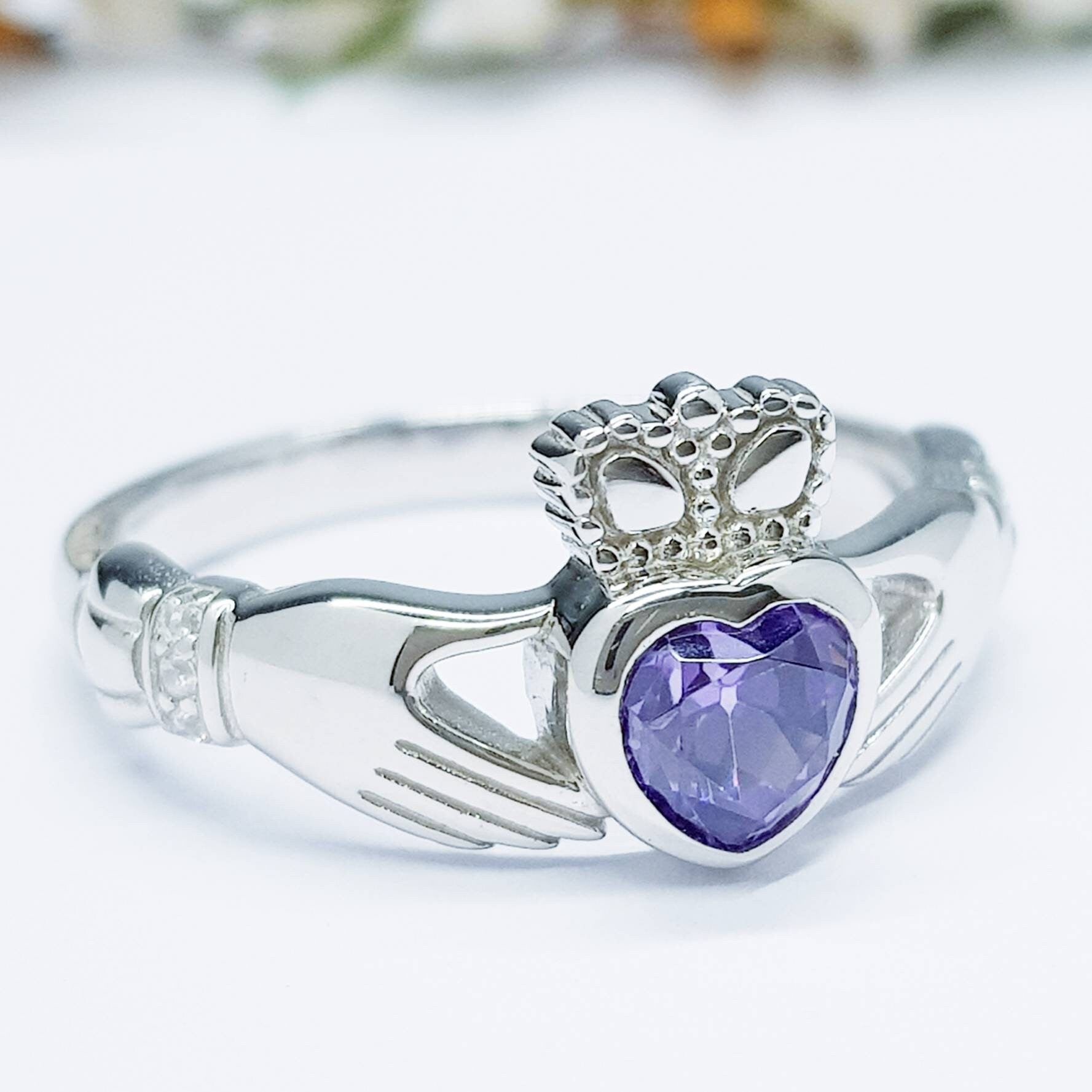 Sterling Silver Claddagh ring set with purple heart shaped stone, february birthstone claddagh