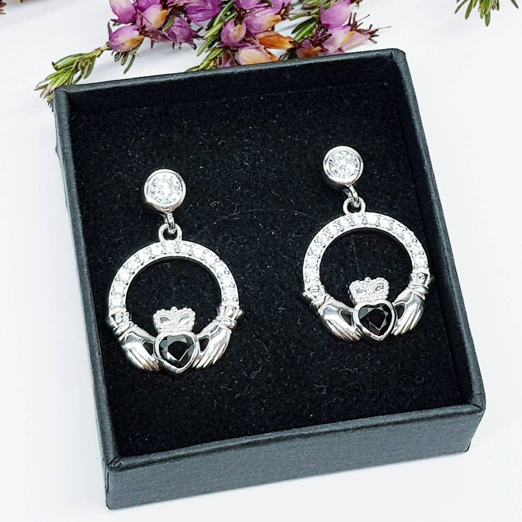 Silver claddagh drop earrings with black stone heart