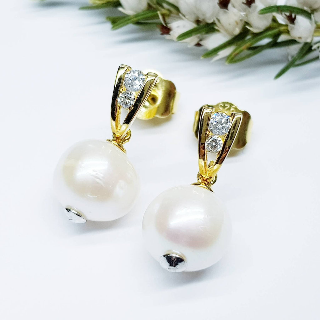 Gold plated sterling drop pearl earrings with freshwater pearl