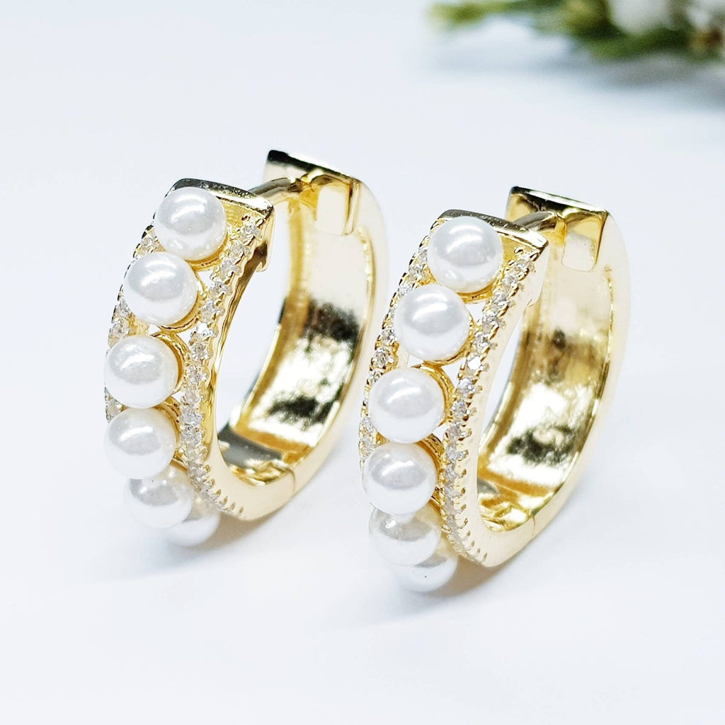 Vintage gold plated sterling silver hoop earrings with shell pearls, pearl hoops, vintage style hoop earring