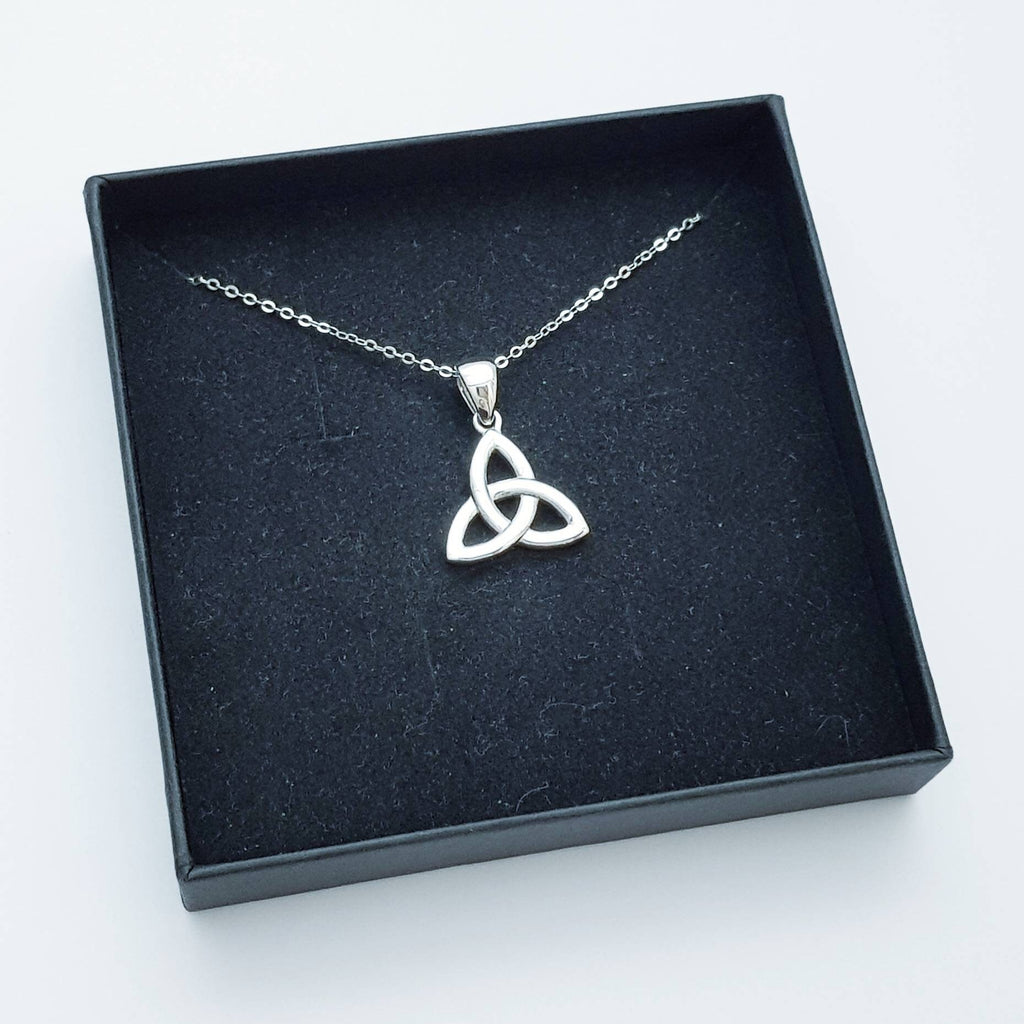 Classic Trinity knot celtic pendant, sterling silver celtic necklace made in Ireland, angel wing chain, triquetra necklace