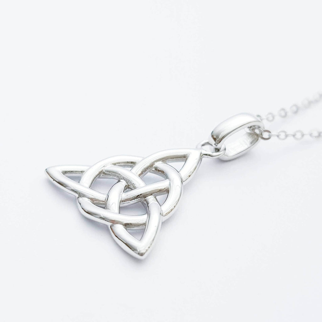 Double sided celtic knot pendant, silver triquetra celtic necklace made in Ireland with angel wing chain