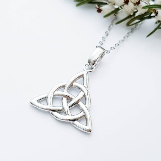 Double sided celtic knot pendant, silver triquetra celtic necklace made in Ireland with angel wing chain