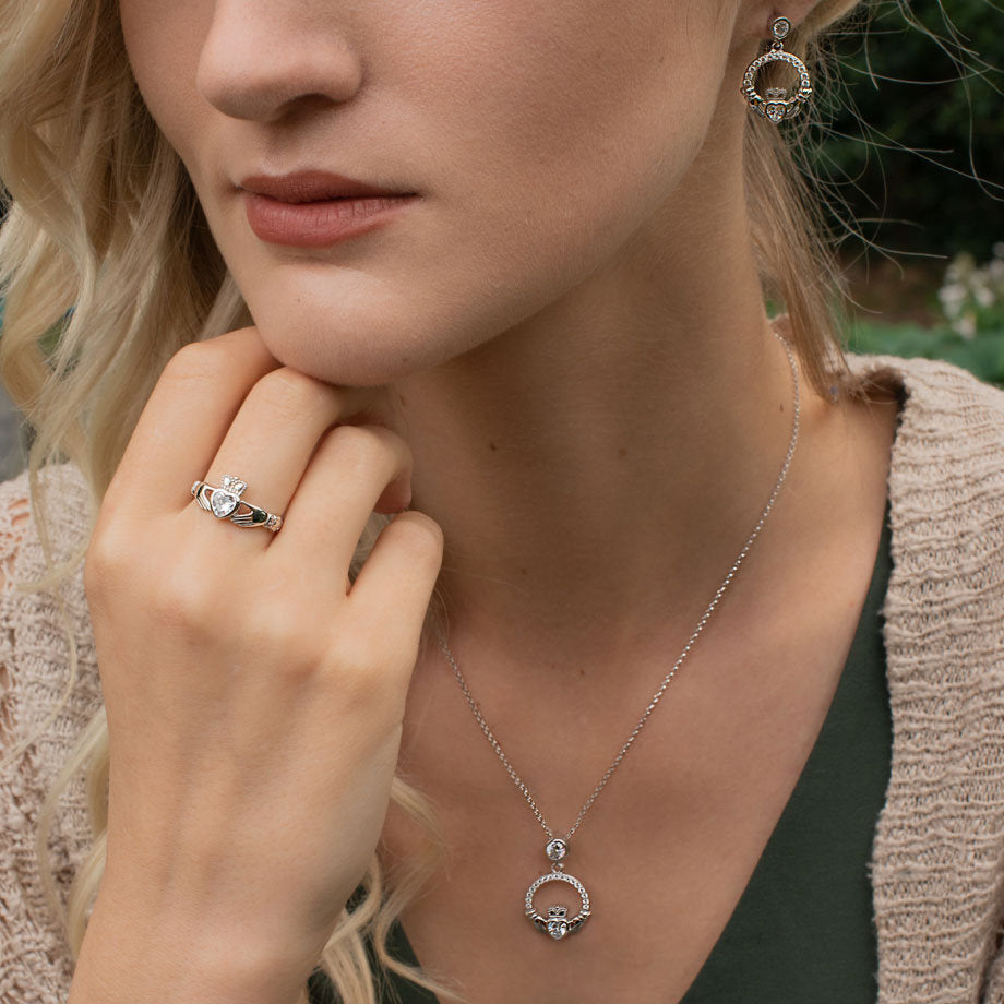 Silver Claddagh pendant, diamond white april birthstone claddagh necklace, claddagh celtic pendant