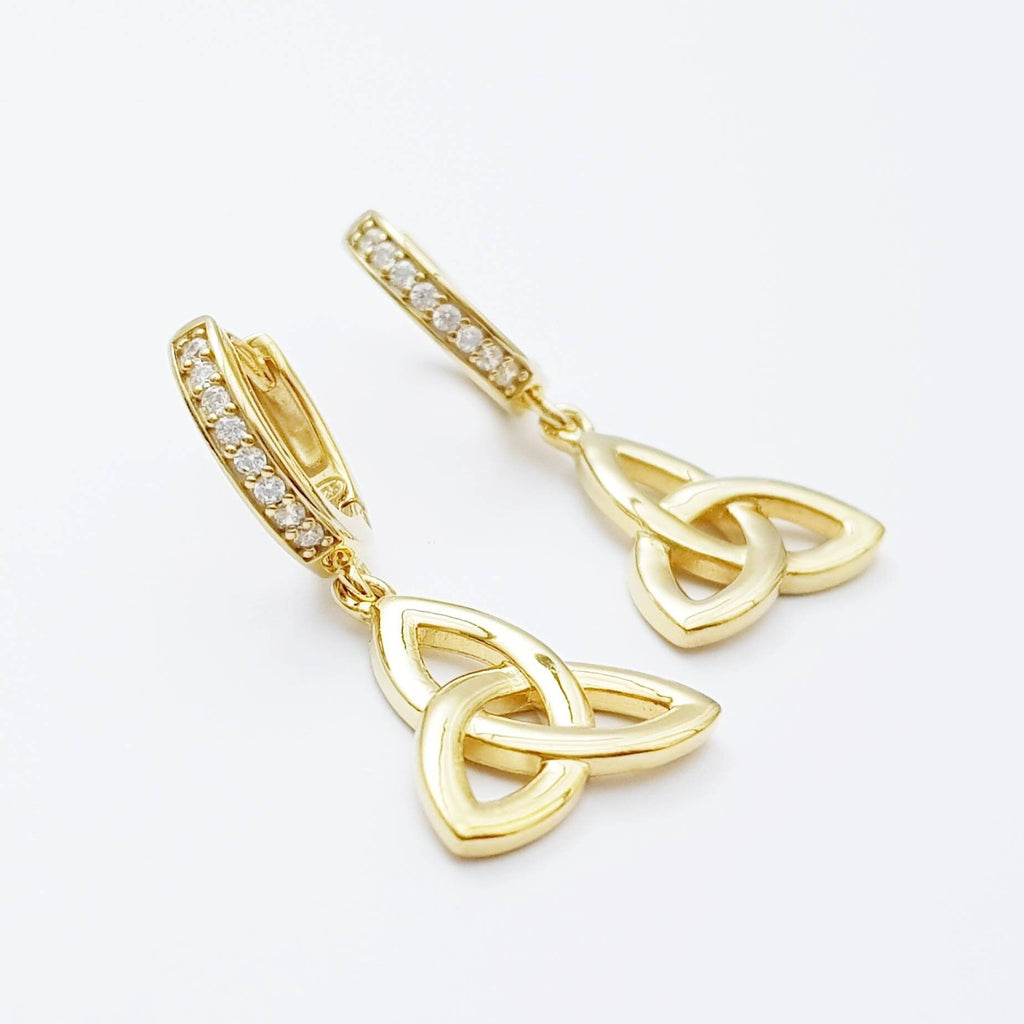 Celtic huggie Earrings, trinity knot hoop earrings, gold Celtic jewelry, celtic drop earrings
