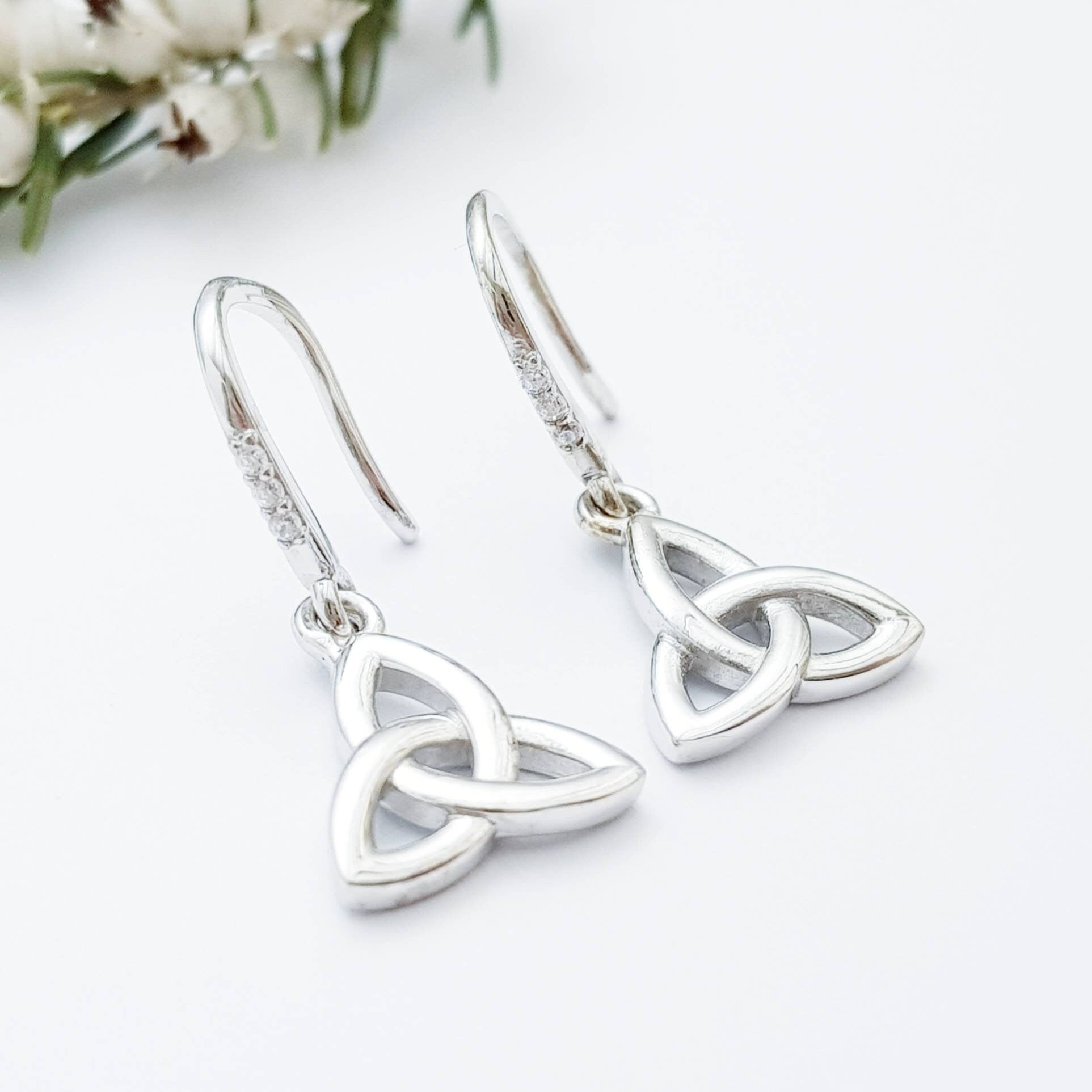 Minimal Celtic drop Earrings, trinity knot French wire earrings, small silver Celtic earrings