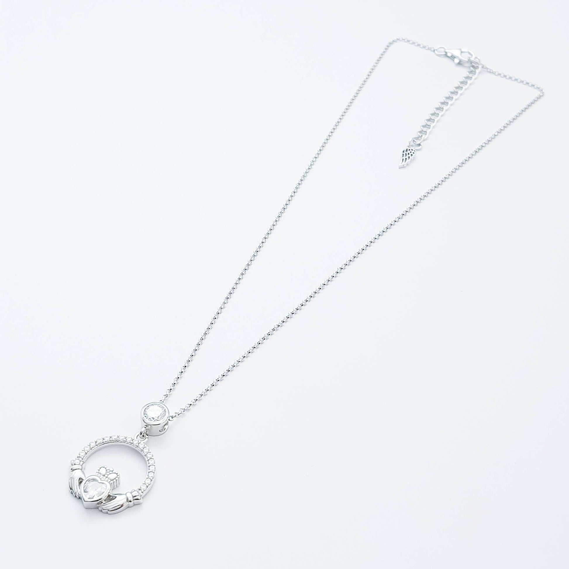 Silver Claddagh pendant, diamond white april birthstone claddagh necklace, claddagh celtic pendant
