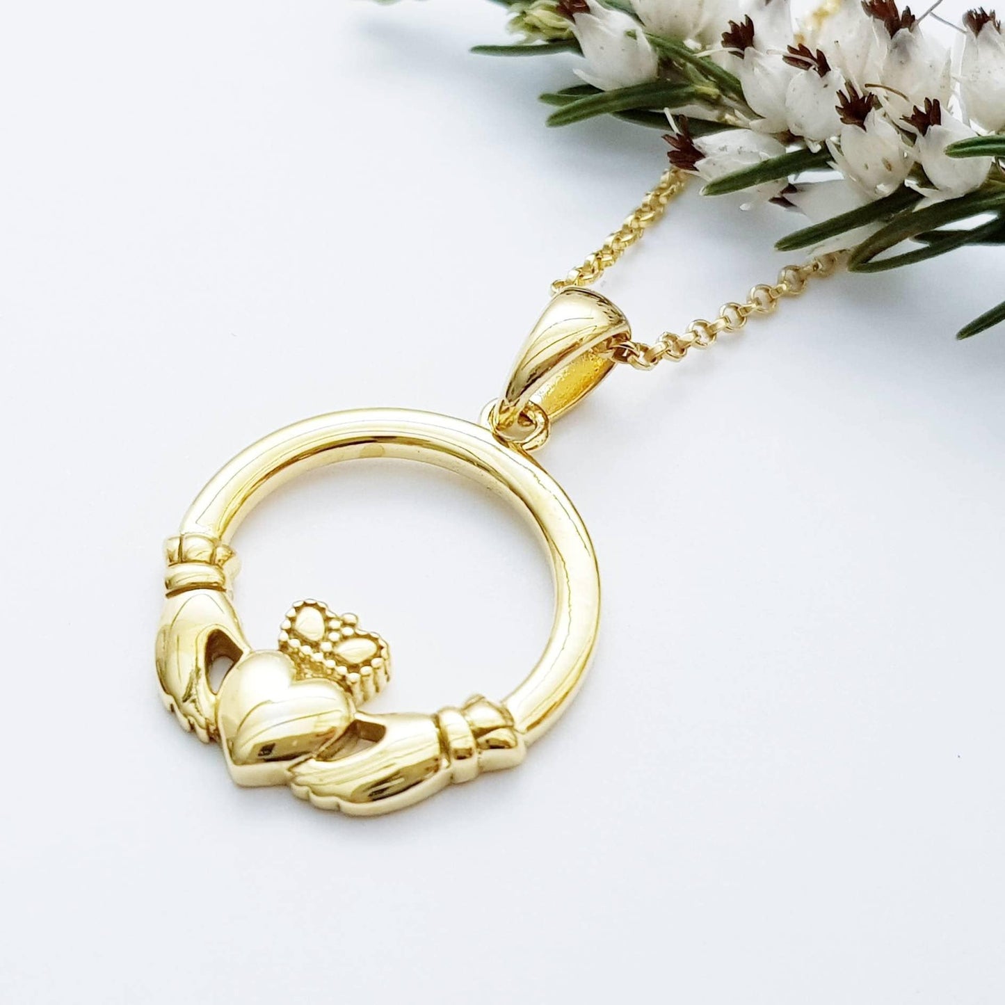 Gold Claddagh pendant, Irish claddagh necklace from Galway, Ireland, claddagh celtic pendant