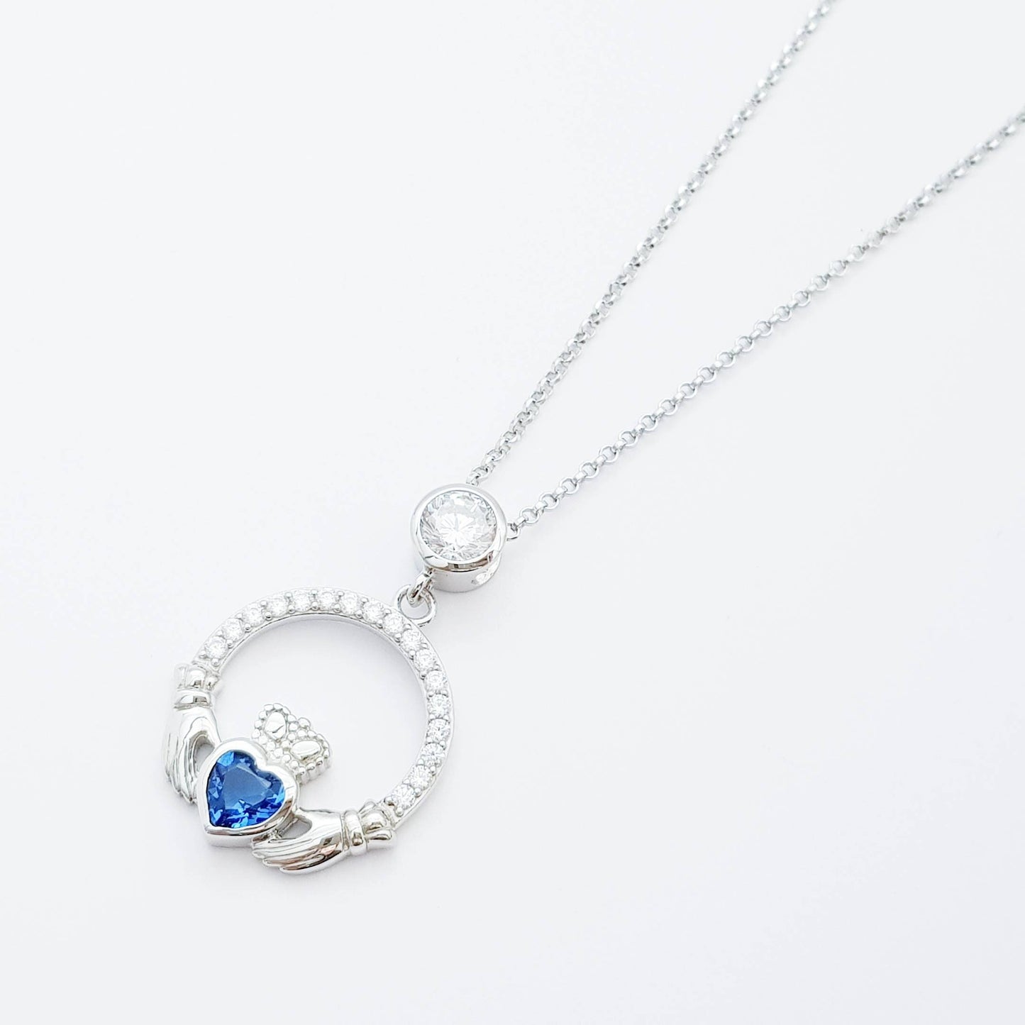 Sterling Silver Claddagh pendant,  sapphire blue Claddagh necklace  from Ireland