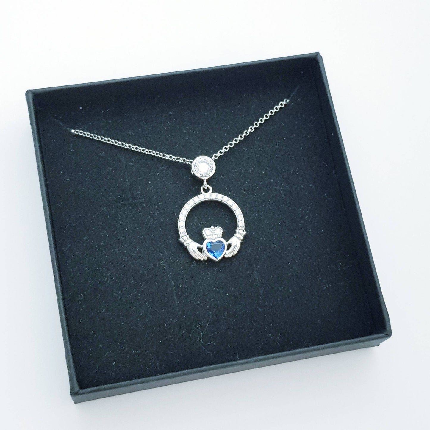 Sterling Silver Claddagh pendant,  sapphire blue Claddagh necklace  from Ireland