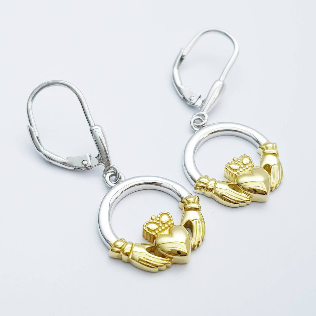 Silver & Gold Claddagh Earrings, Claddagh drop Earrings