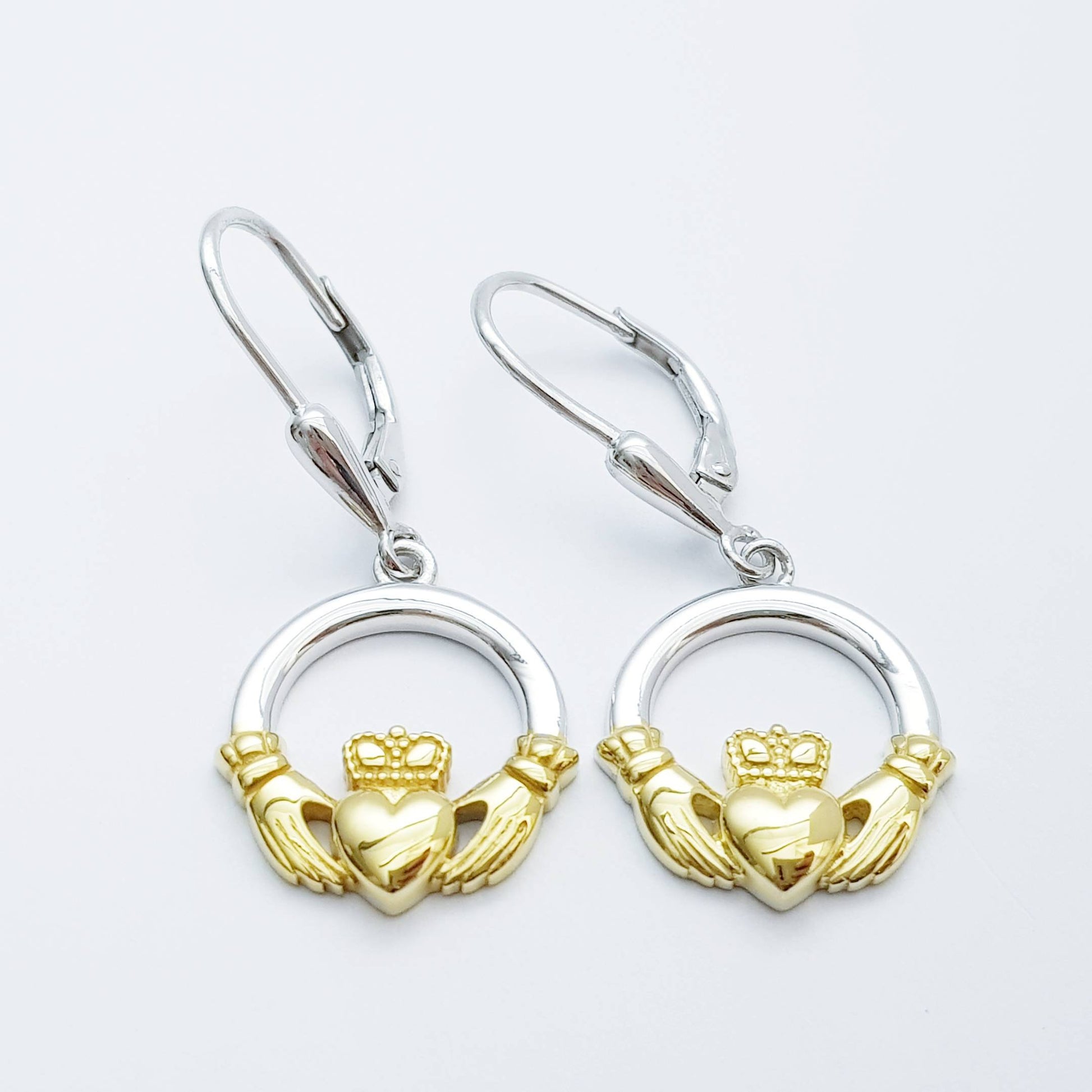 Silver & Gold Claddagh Earrings, Claddagh drop Earrings