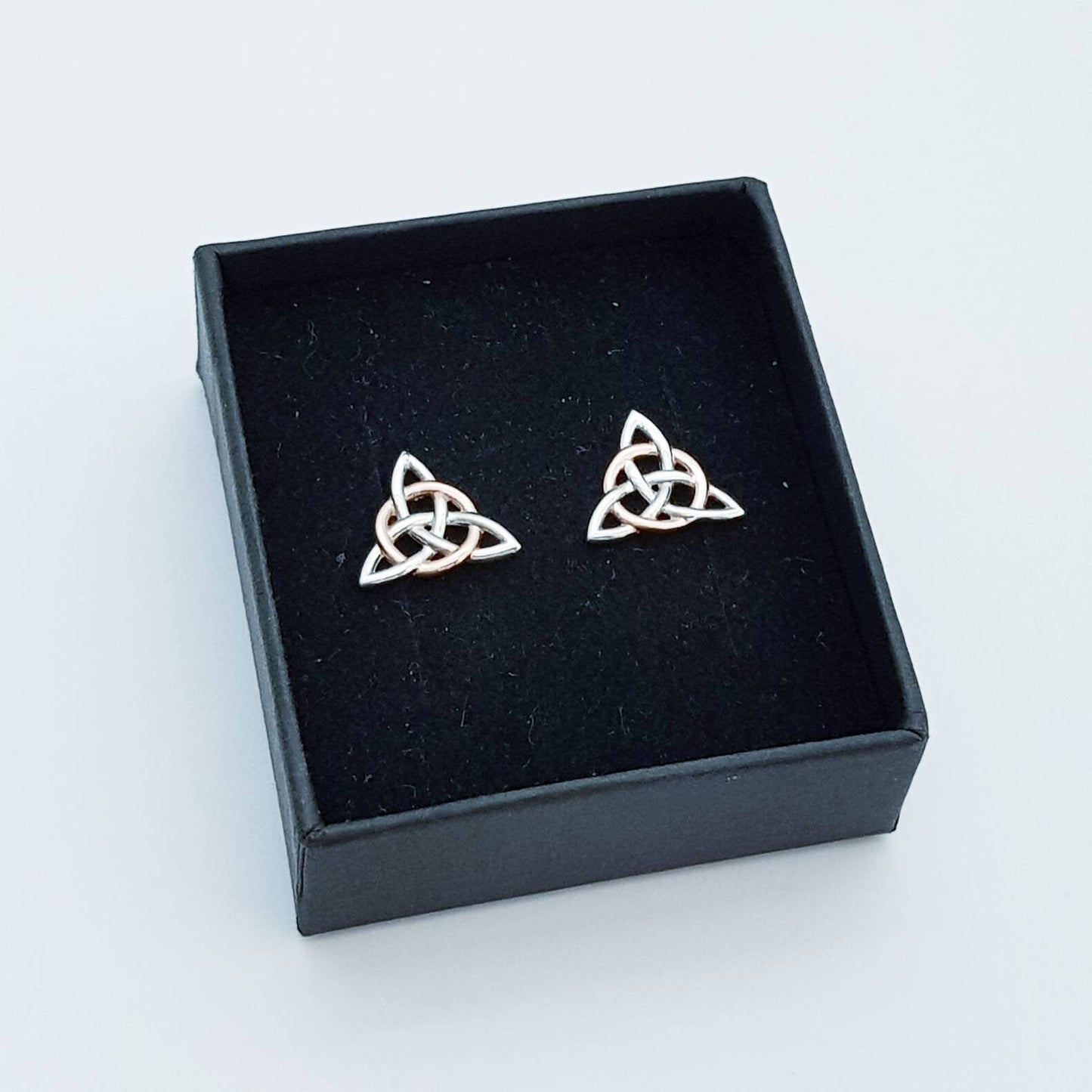Celtic stud Earrings in silver with rose gold plating, triquetra earrings