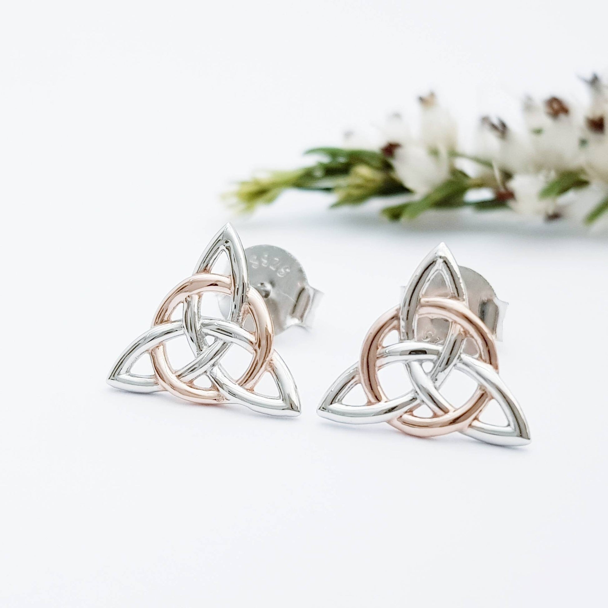 Celtic stud Earrings in silver with rose gold plating, triquetra earrings