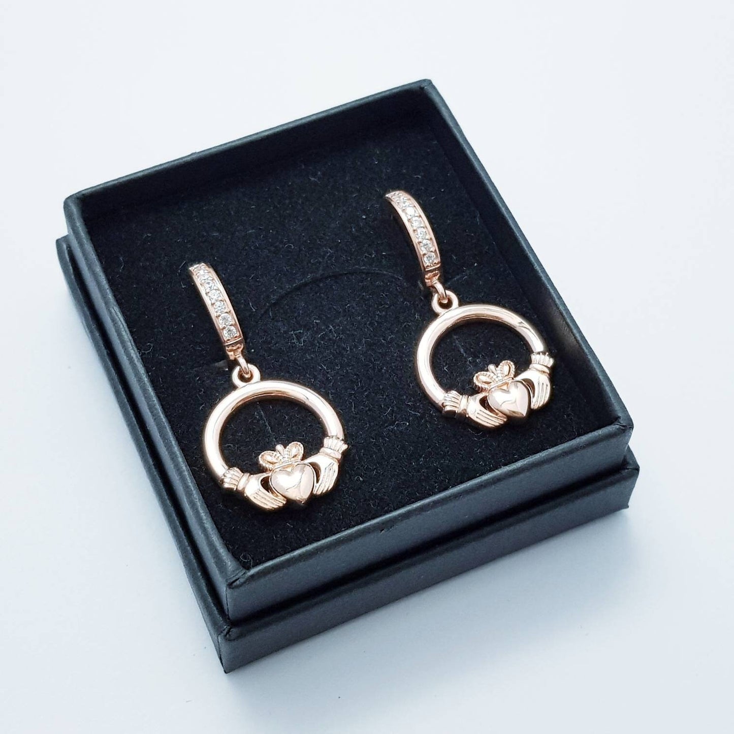 Rose gold hoop Claddagh Earrings, Silver and Rose gold Claddagh Earrings, Claddagh drop Earrings