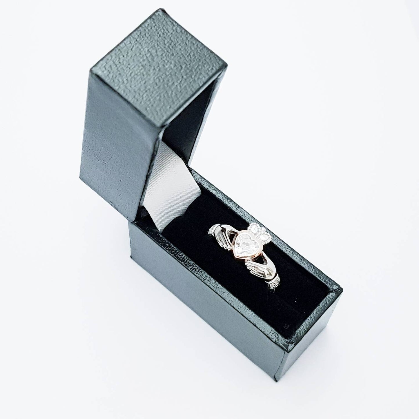Sterling Silver Rose Gold plated Claddagh ring set with sparkling white cubic zirconia