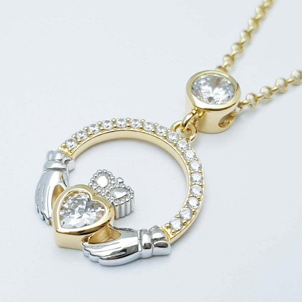 925 Silver Claddagh pendant, Irish claddagh necklace from Galway, silver and yellow gold claddagh pendant