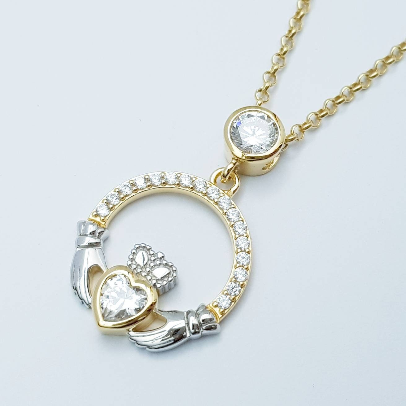 925 Silver Claddagh pendant, Irish claddagh necklace from Galway, silver and yellow gold claddagh pendant