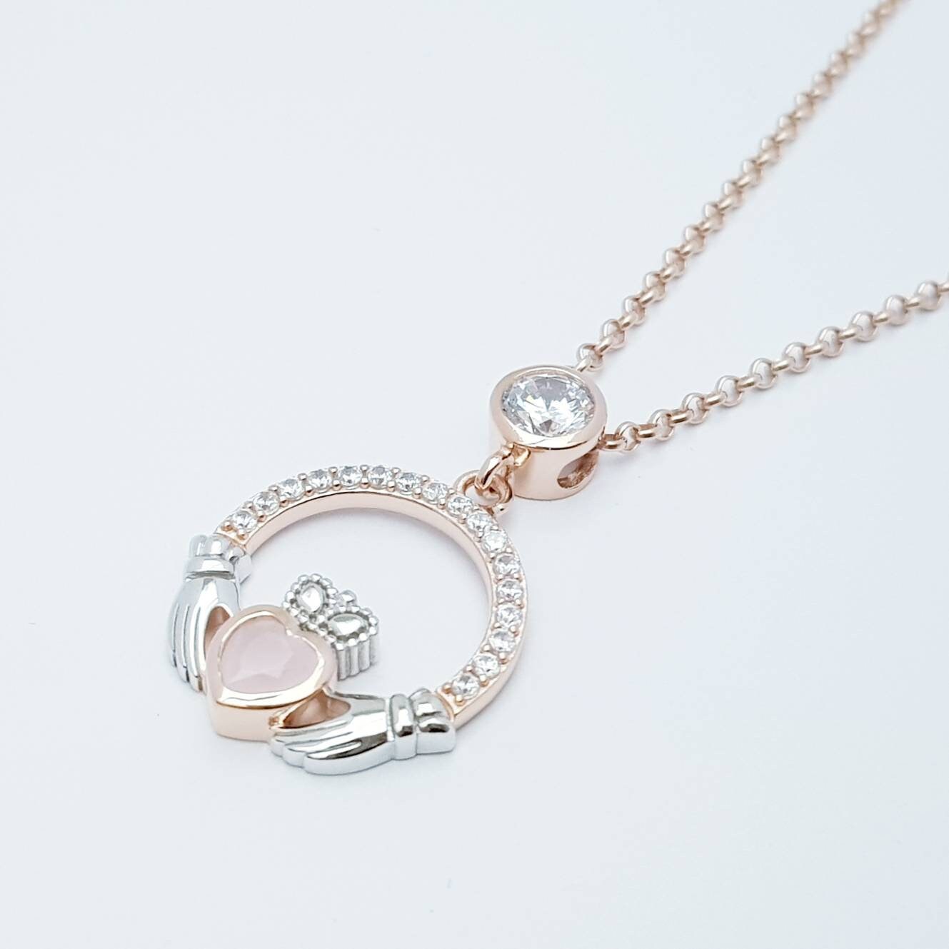 Baby pink Claddagh pendant, Irish claddagh necklace from Galway, Ireland, silver and rose gold claddagh pendant