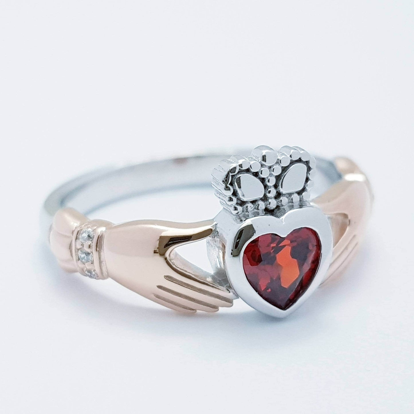 Sterling Silver Rose Gold plated Claddagh ring set with red stone