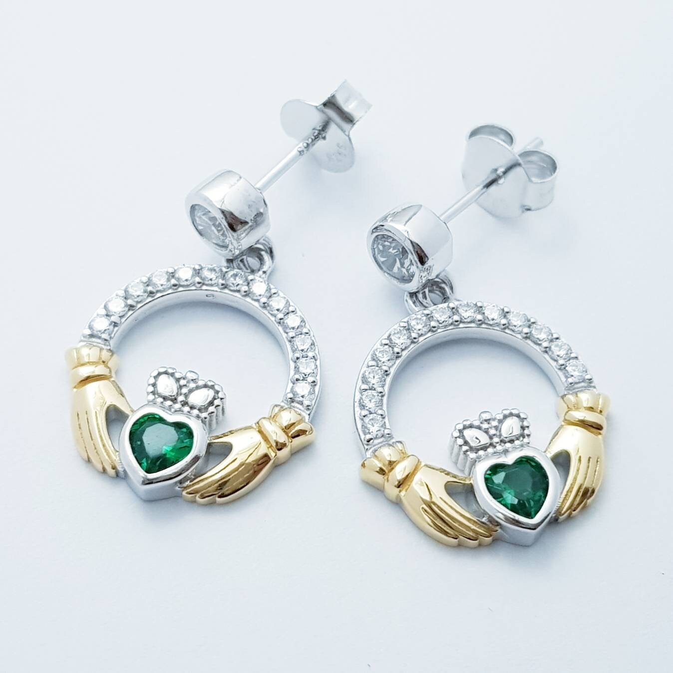 Emerald green claddagh Earrings, Silver and yellow gold Claddagh Earrings, drop and dangle claddagh Earrings