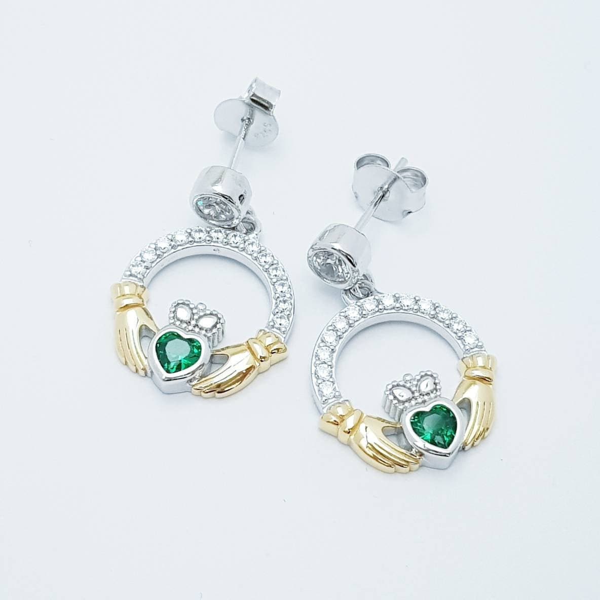 Emerald green claddagh Earrings, Silver and yellow gold Claddagh Earrings, drop and dangle claddagh Earrings