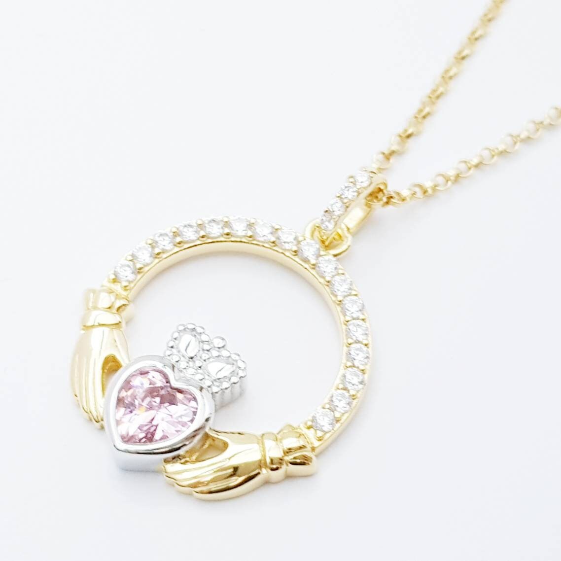 Pink Claddagh pendant, Irish claddagh necklace from Galway, Ireland, silver and gold claddagh pendant