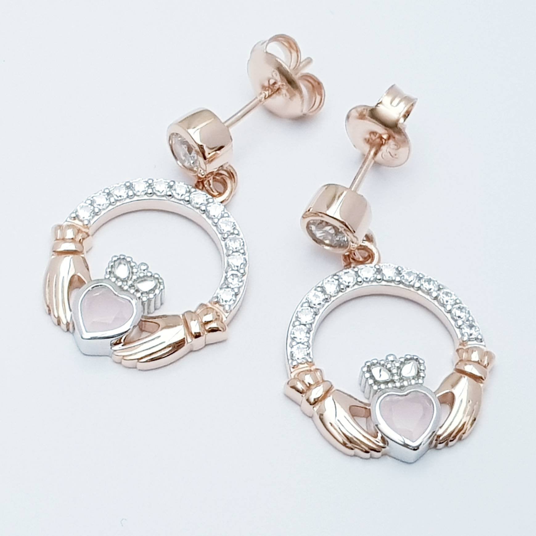 Baby pink claddagh Earrings, Silver and rose gold Claddagh Earrings, Claddagh drop Earrings