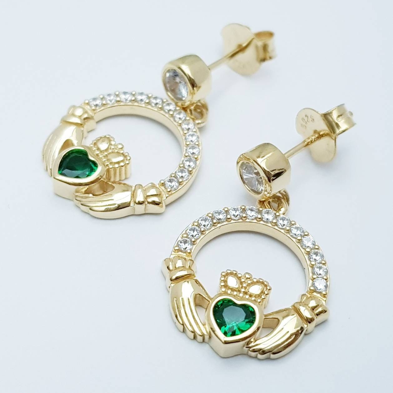 Emerald green claddagh Earrings, Silver and yellow gold Claddagh Earrings, Claddagh drop Earrings