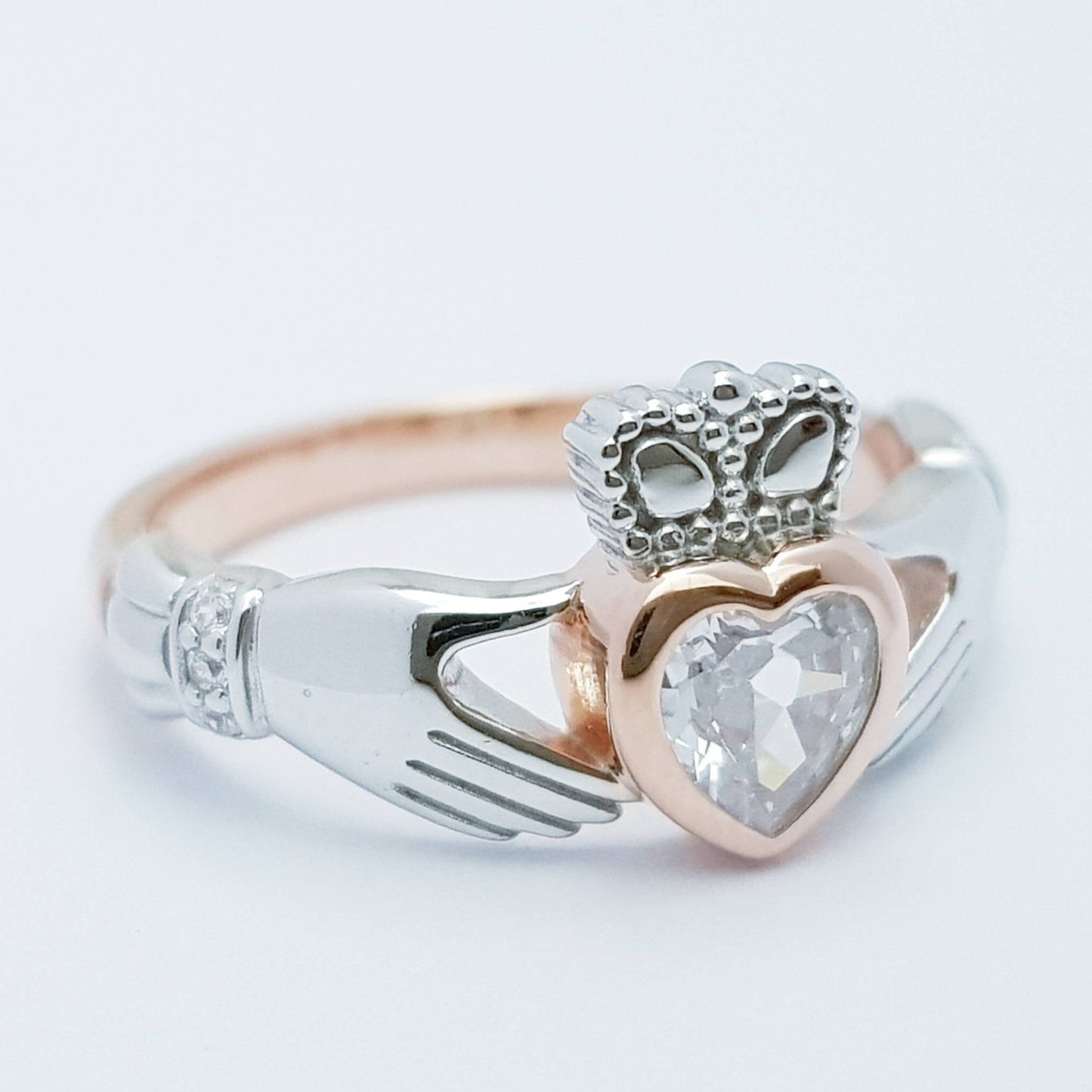 Sterling Silver Rose Gold plated Claddagh ring set with sparkling white cubic zirconia