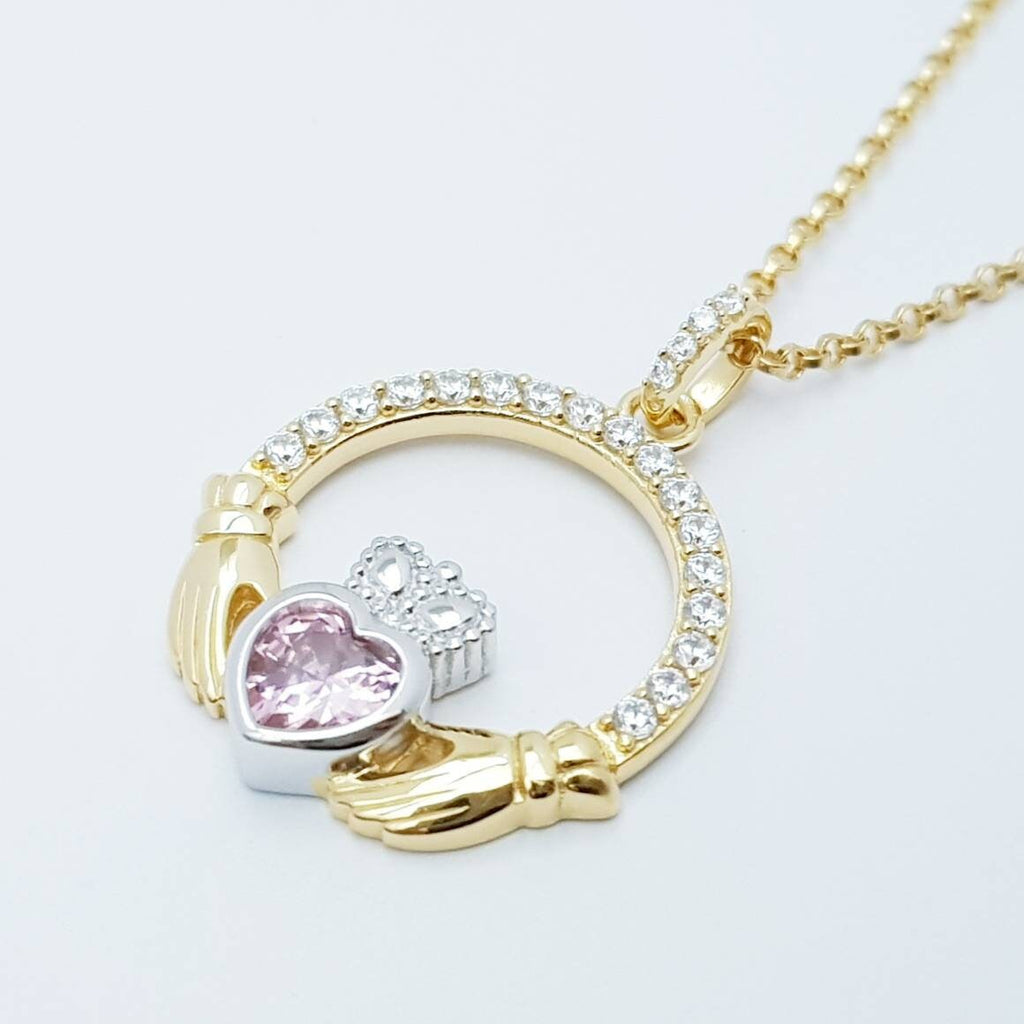 Pink Claddagh pendant, Irish claddagh necklace from Galway, Ireland, silver and gold claddagh pendant