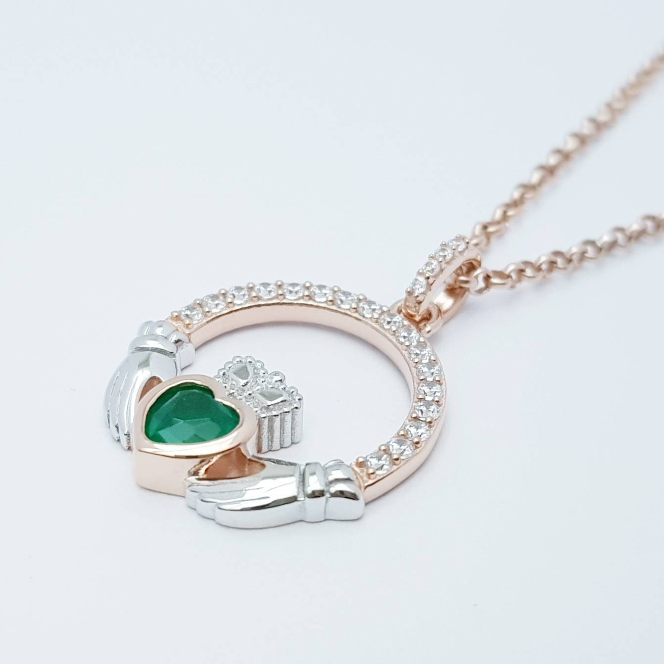 Green Claddagh pendant, two tone claddagh necklace from Galway, Ireland, silver and rose gold claddagh pendant