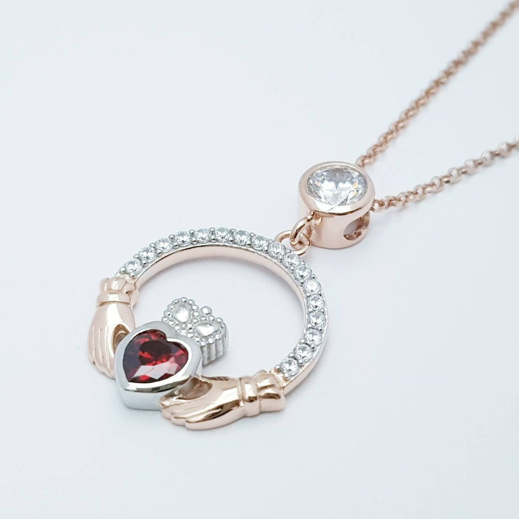 Red Claddagh pendant, two tone claddagh necklace from Galway, Ireland, silver and rose gold claddagh pendant
