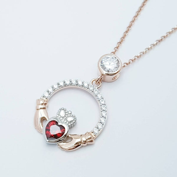 Red Claddagh pendant, two tone claddagh necklace from Galway, Ireland, silver and rose gold claddagh pendant