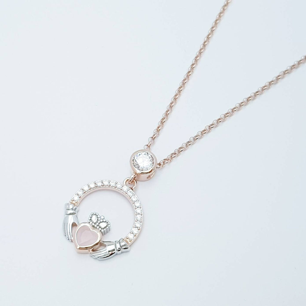 Baby pink Claddagh pendant, Irish claddagh necklace from Galway, Ireland, silver and rose gold claddagh pendant