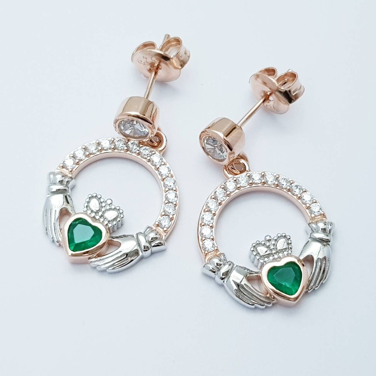 Emerald green claddagh Earrings, Silver and rose gold Claddagh Earrings, Claddagh drop Earrings