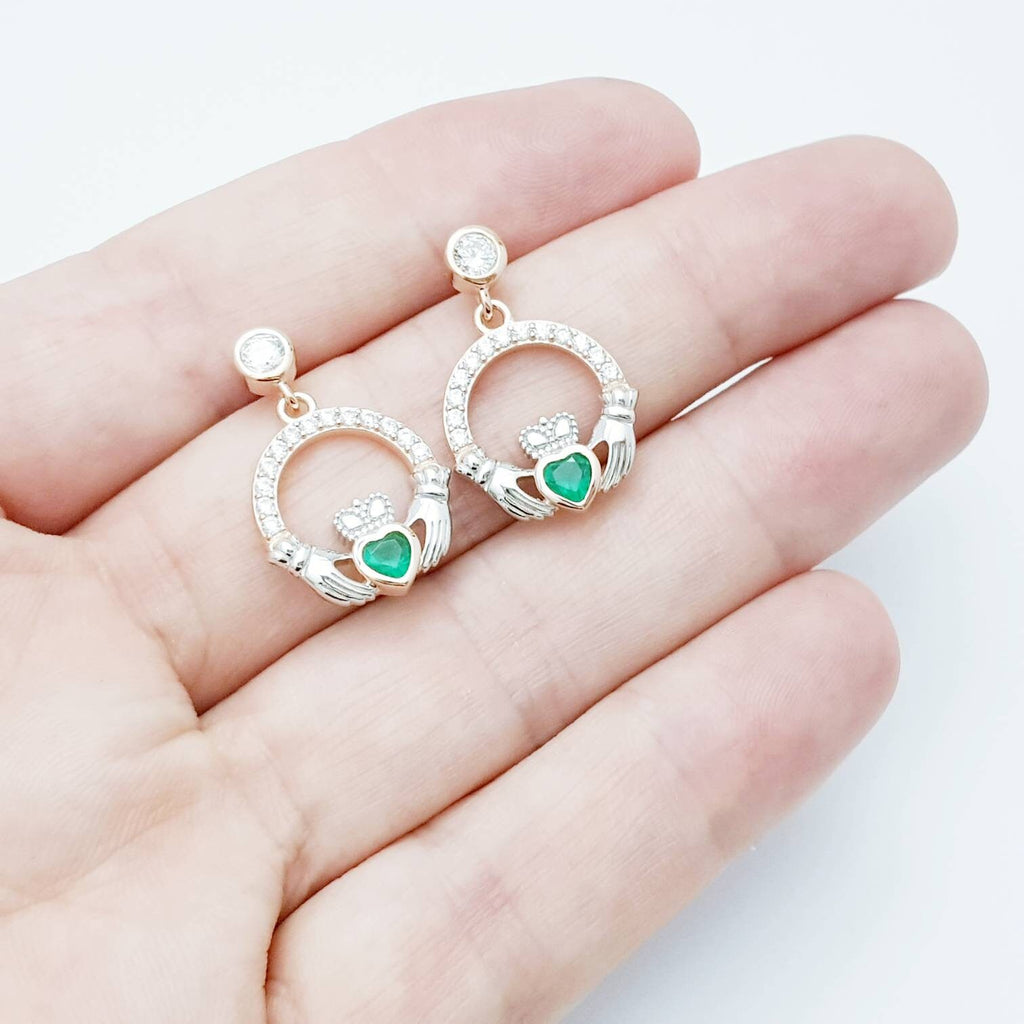 Emerald green claddagh Earrings, Silver and rose gold Claddagh Earrings, Claddagh drop Earrings